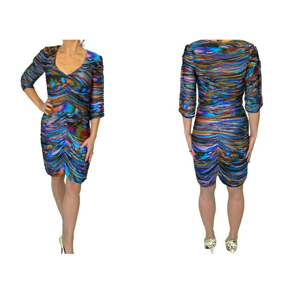 Matthew Williamson Multicolor V-Neck Ruched Bodycon Jersey 3/4 Sleeve Dress XS S